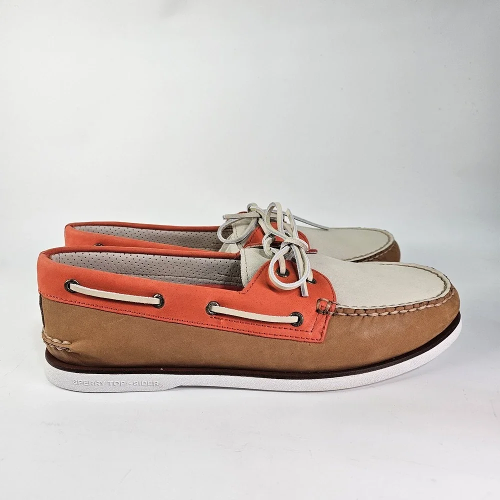 Sperry Gold Cup Tri-Tone Leather 2-Eye Boat Shoes Mens 14 White Orange Tan NWOT